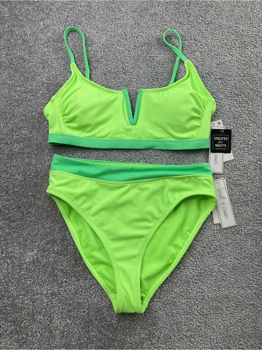 Salt + Cove Neon Lime Ribbed V-Notch Bikini Set